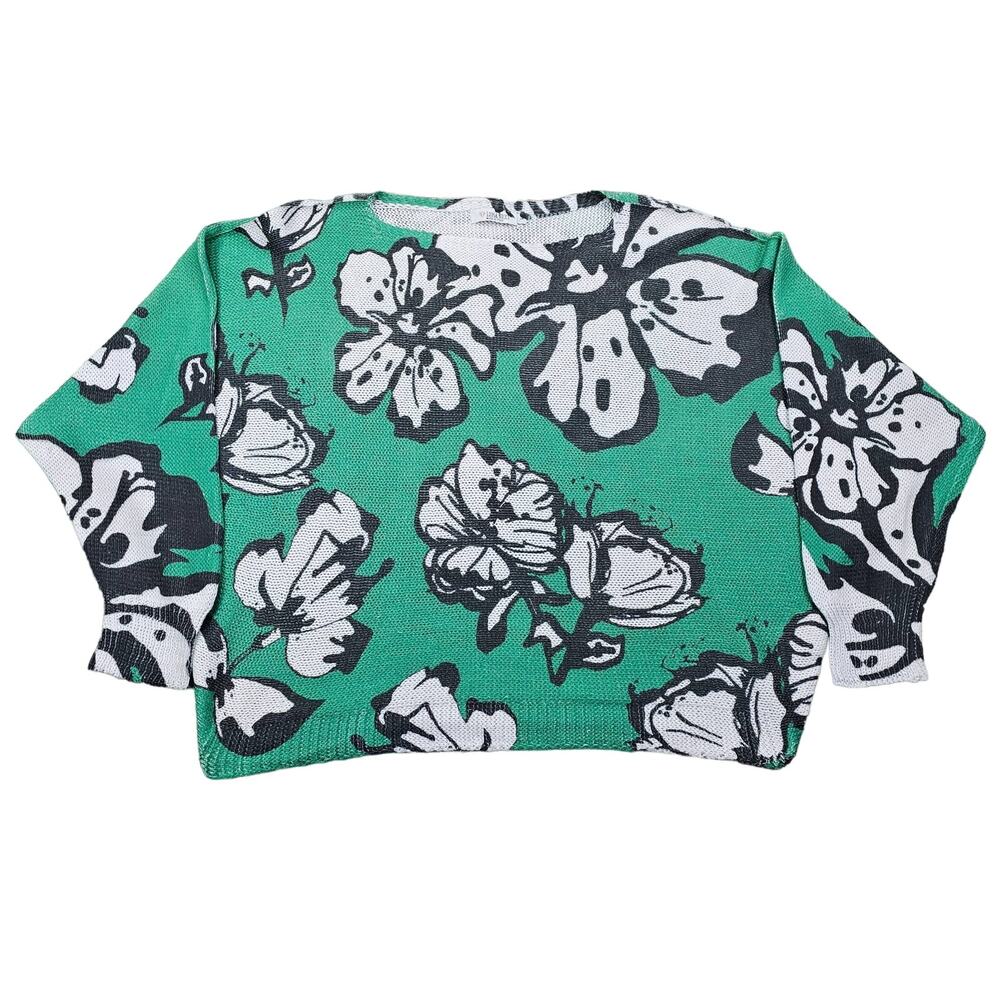 Luisa Ricci Womens Large Green Floral Knit Slouchy Dolman Sleeve Sweater